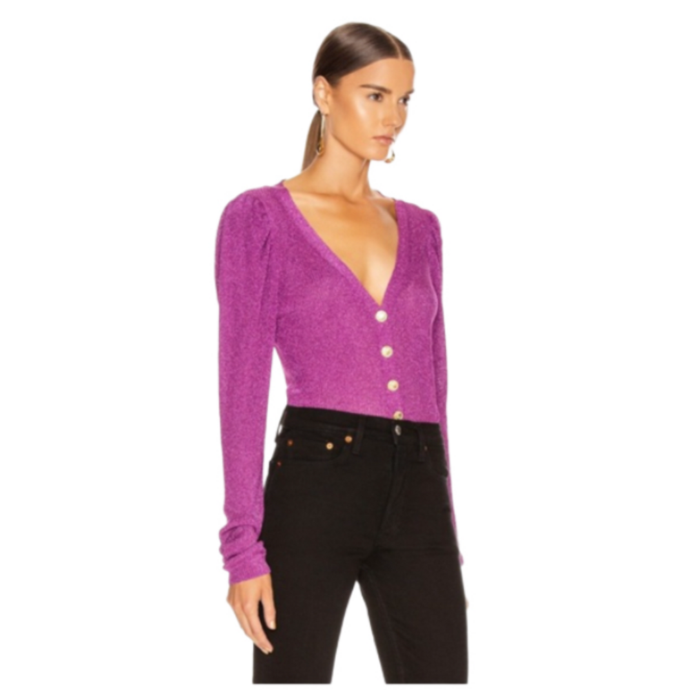 Caroline Constas Purple Long Sleeve Cardigan Glitter Sparkly Puff Sleeve - Picture 5 of 13